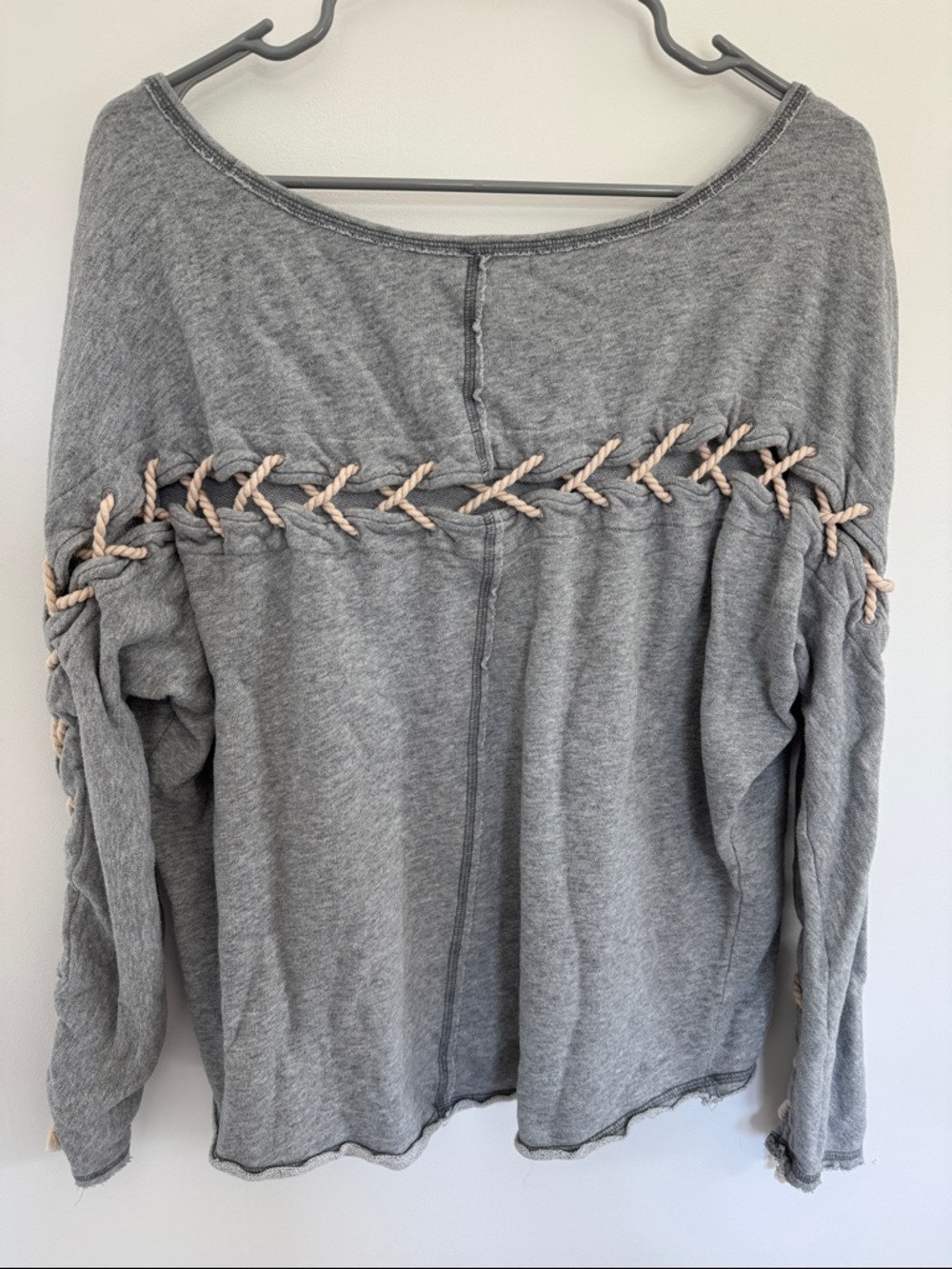 Women’s Washed Gray Scoop-Neck Sweatshirt with Rope Lace-Up Sleeves and back